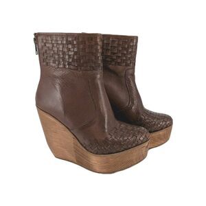 Bed Stu Platform Wedge Boot 7.5 Wood Wales Rys Leather Woven Brown Bootie